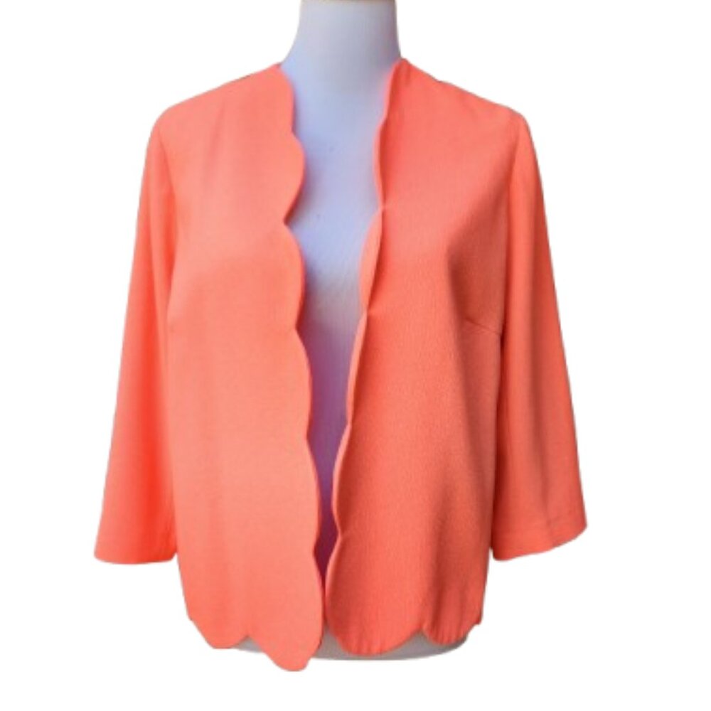 Atmosphere Neon Orange Blazer Scallop Trim 3/4 Sleeves Bright Open Front Solid
